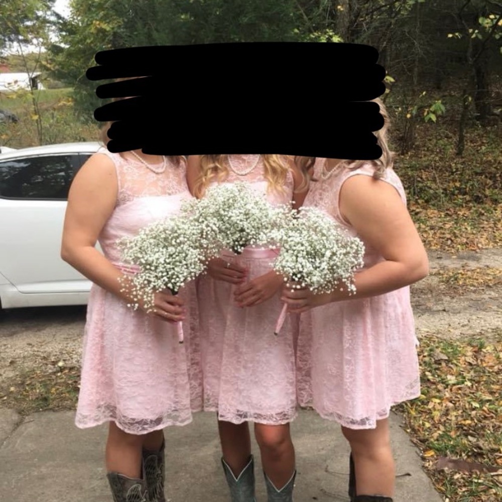 Baby pink short lace dress. Size 14. No alterations. Bridesmaid dress. Worn once